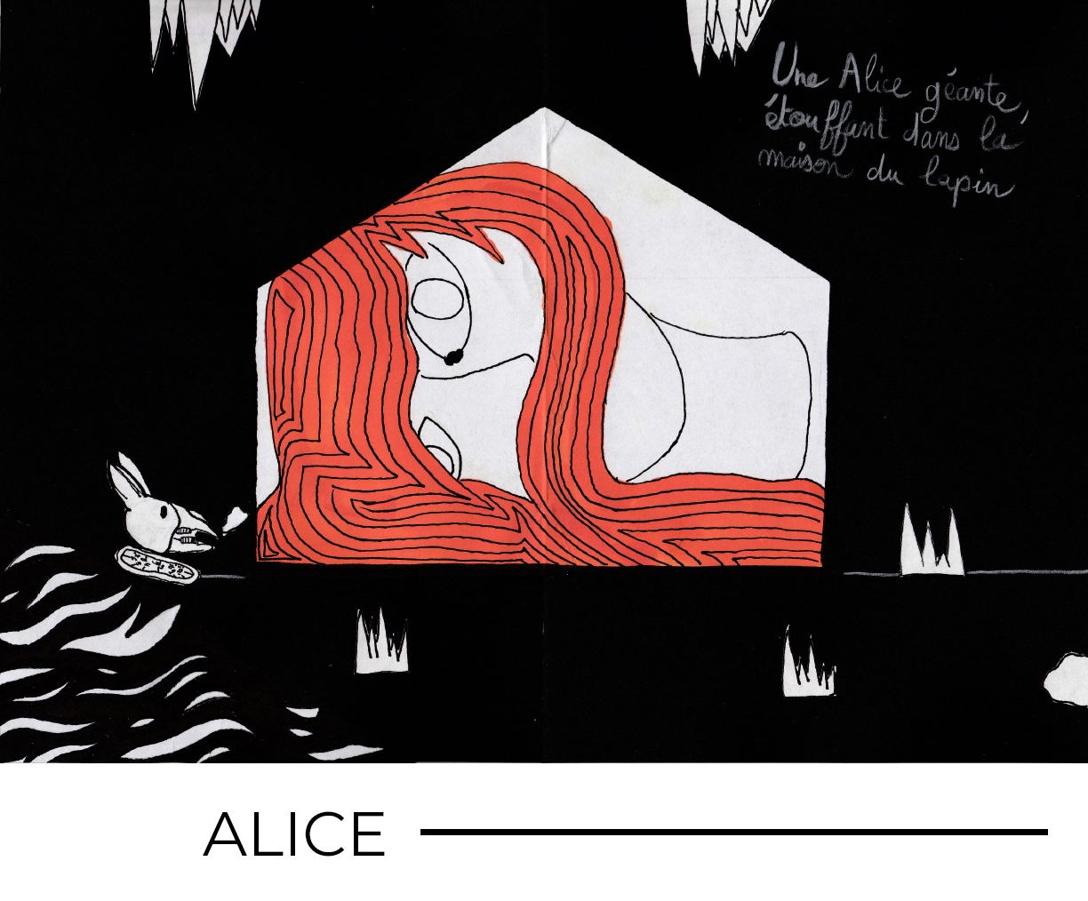 Une page qui montre une jeune femme rousse à la tête coupée en train d'étouffer dans la maison, avec un lapin qui a à moitié une tête en squelette.